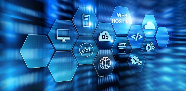 Blue hexagonal icons representing web hosting and AI infrastructure on a digital background.