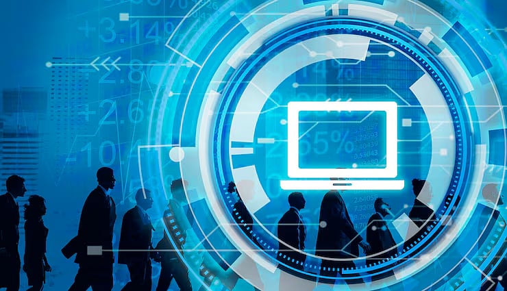 Futuristic digital interface with business silhouettes and data analytics background