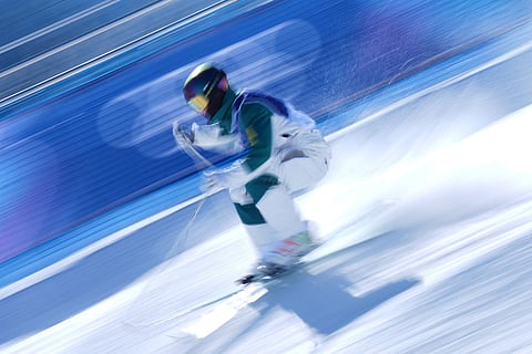 Australia's Matt Graham practices before the men's freestyle skiing moguls finals at the 2026 Winter Olympics, in Livigno, Italy.