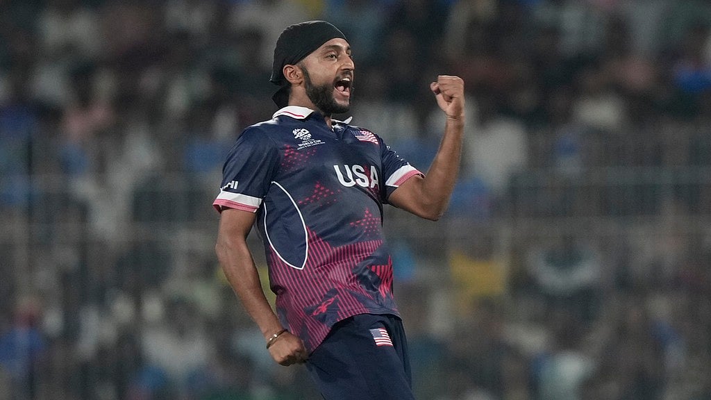 AP Photo/Mahesh Kumar A  : United States' Harmeet Singh celebrates the wicket of Netherlands' Bas de Leede during the T20 World Cup cricket match between Netherlands and United States in Chennai, India, Friday, Feb. 13, 2026. 