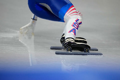 Kristen Santos-Griswold of the United States competes during the short track speed skating women's 500m at the 2026 Winter Olympics, in Milan, Italy.