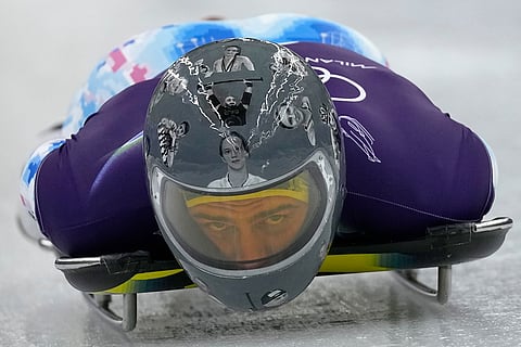 Ukraine's Vladyslav Heraskevych starts a men's skeleton training session at the 2026 Winter Olympics, in Cortina d'Ampezzo, Italy.