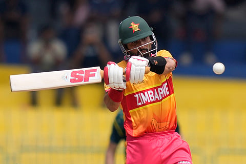 Zimbabwe's captain Sikandar Raza plays a shot during the T20 World Cup cricket match between Australia and Zimbabwe in Colombo, Sri Lanka.