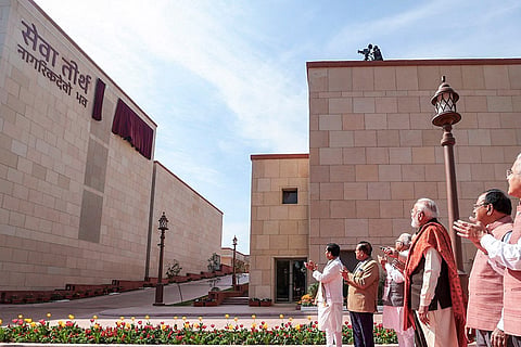 In this image posted on Feb. 13, 2026,  Prime Minister Narendra Modi during the inauguration of Seva Tirth, the newly inaugurated Prime Minister's Office complex, in New Delhi.