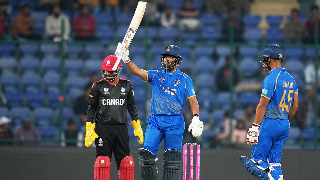 AP Photo/Manish Swarup : United Arab Emirates' Aryansh Sharma celebrates his fifty runs during the T20 World Cup cricket match between Canada and United Arab Emirates in New Delhi, India, Friday, Feb. 13, 2026. 