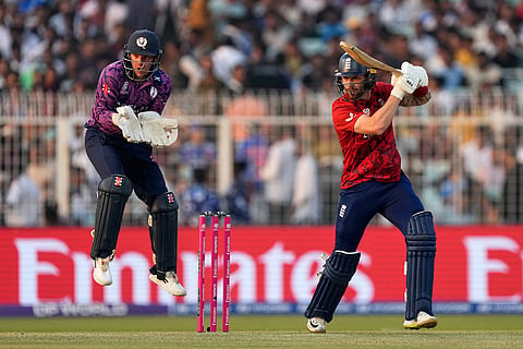 England's Phil Salt bats during the T20 World Cup cricket match between England and Scotland in Kolkata, India.