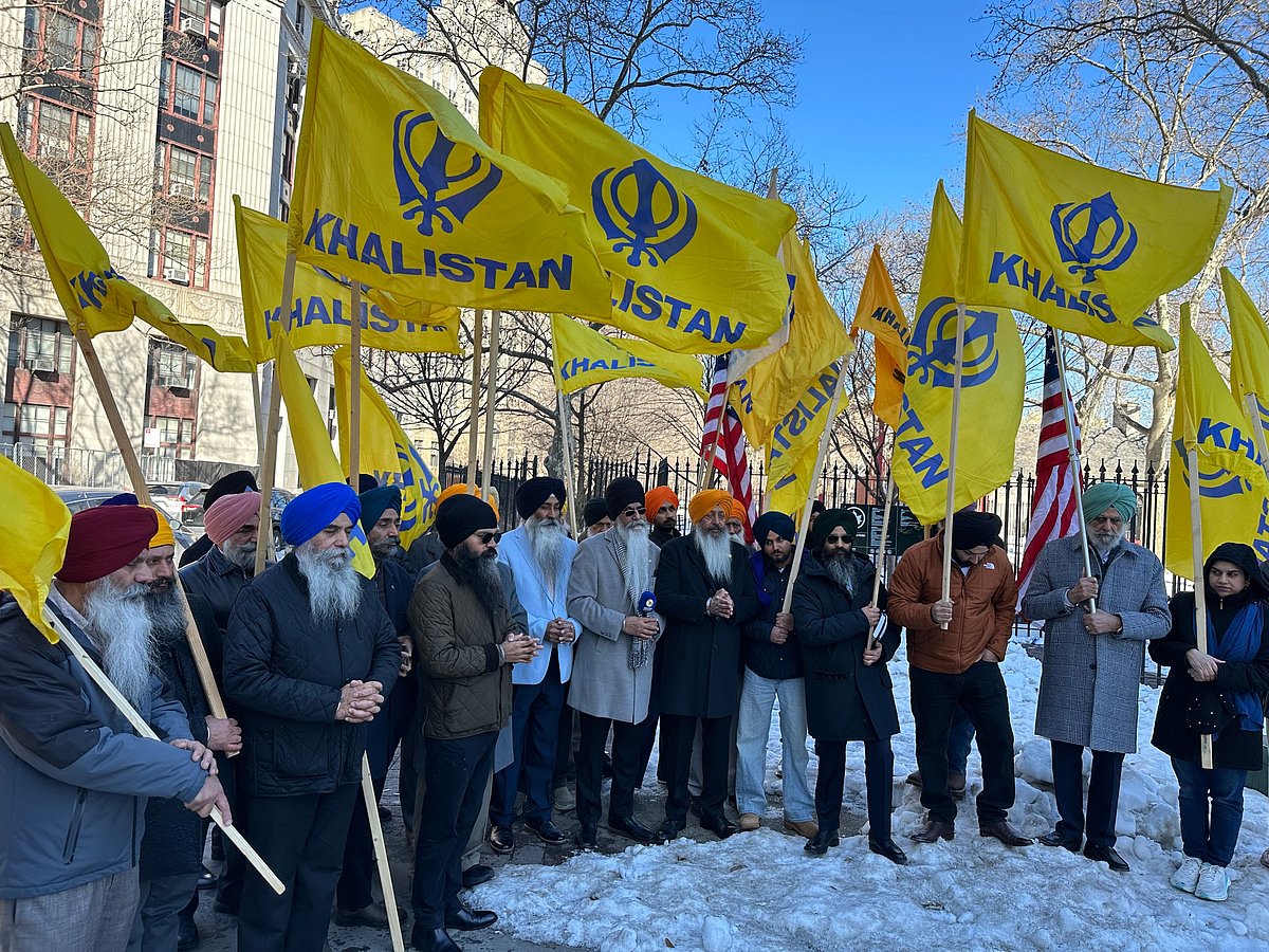 (AP Photo/Larry Neumeister)  : Sikhs from across the United States and Canada pray outside Manhattan federal court in New York, Friday, Feb. 13, 2026, after a man from India pleads guilty to conspiring to assassinate a New York lawyer and human rights advocate campaigning to turn Punjab, a state in northwest India, into a sovereign Sikh state to be renamed the Democratic Republic of Khalistan.