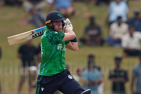 Ireland's Gareth Delany plays a shot during the T20 World Cup cricket match between Ireland and Oman in Colombo, Sri Lanka.