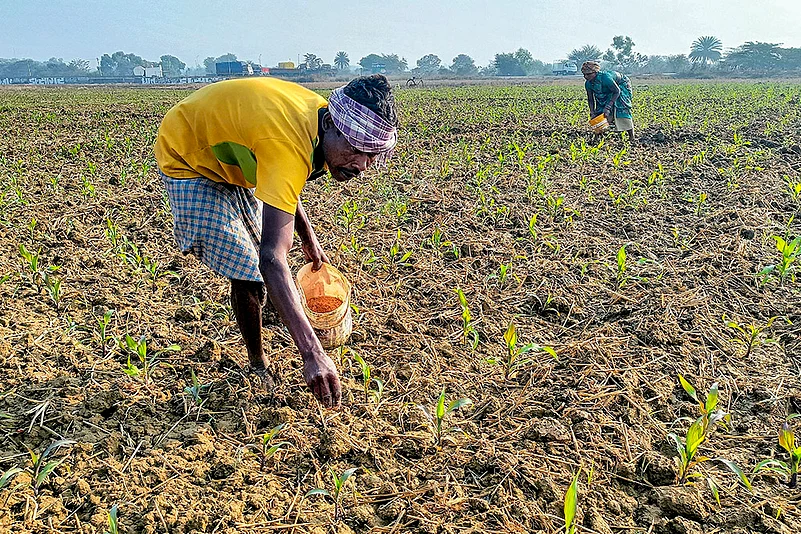 A farmer applying fertiliser to crops in his field