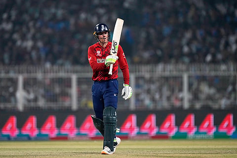England's Tom Banton celebrates his fifty runs during the T20 World Cup cricket match between England and Scotland in Kolkata.