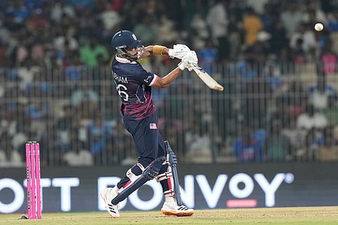 United States' Shubham Ranjane plays a shot during the T20 World Cup cricket match between Netherlands and United States in Chennai, India.