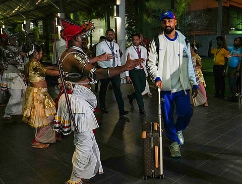 India's Varun Chakravarthy being welcomed with a performance by artistes upon his arrival at the airport, ahead of an ICC Men's T20 World Cup 2026 cricket match between India and Pakistan, in Colombo, Sri Lanka.
