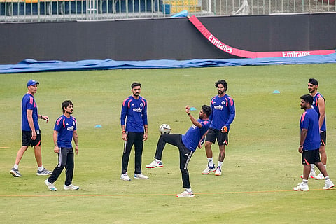Clockwise from second left, India's Ishan Kishan, Axar Patel, Tilak Varma, Arshdeep Singh, Sanju Samson and Mohammed Siraj during a practice session ahead of an ICC Men's T20 World Cup 2026 cricket match between India and Pakistan, at R Premadasa Stadium, in Colombo, Sri Lanka.