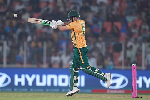South Africa's David Miller plays a shot during the T20 World Cup cricket match between South Africa and New Zealand in Ahmedabad.