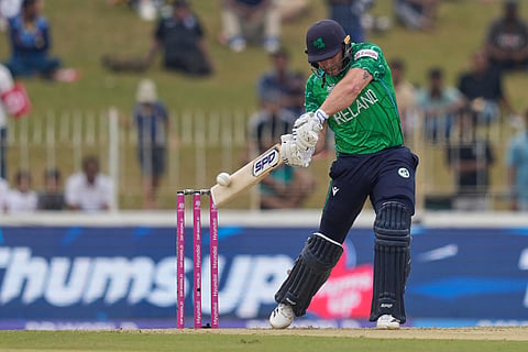 Ireland's Ross Adair plays a shot during the T20 World Cup cricket match between Ireland and Oman in Colombo, Sri Lanka.
