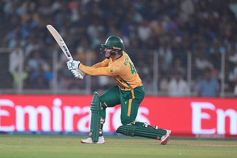 South Africa's Ryan Rickelton plays a shot during the T20 World Cup cricket match between South Africa and New Zealand in Ahmedabad.