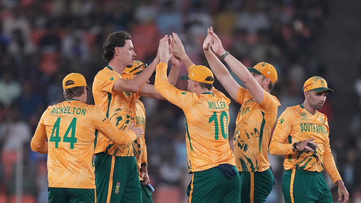 South Africa's Marco Jansen, celebrates with teammates the wicket of New Zealand's Tim Seifert during the ICC T20 World Cup 2026 Group D cricket match between South Africa and New Zealand in Ahmedabad