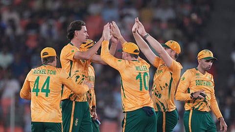 South Africa's Marco Jansen, celebrates with teammates the wicket of New Zealand's Tim Seifert during the ICC T20 World Cup 2026 Group D cricket match between South Africa and New Zealand in Ahmedabad