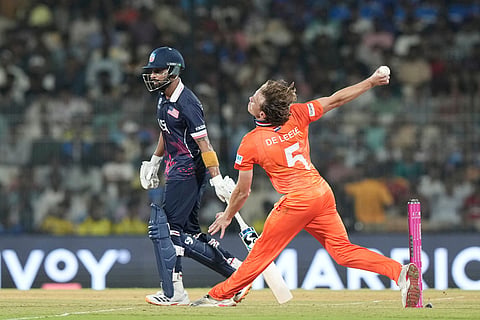 Netherlands' Bas de Leede bowls a delivery during the T20 World Cup cricket match between Netherlands and United States in Chennai, India.