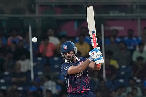 United States' Shayan Jahangir plays a shot during the T20 World Cup cricket match between Netherlands and United States in Chennai, India.