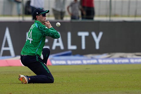 Ireland's Gareth Delany dropping a catch of Oman's Syed Aamir Kaleem during the T20 World Cup cricket match between Ireland and Oman in Colombo, Sri Lanka.