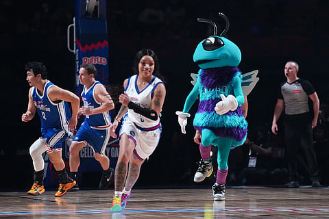Charlotte Hornets mascot Hugo jogs up the court during an NBA basketball's All-Star Celebrity Game in Inglewood, Calif.