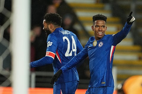 Chelsea's Estevao reacts after scoring during the English FA Cup fourth round soccer match between Hull City and Chelsea in Hull, England.