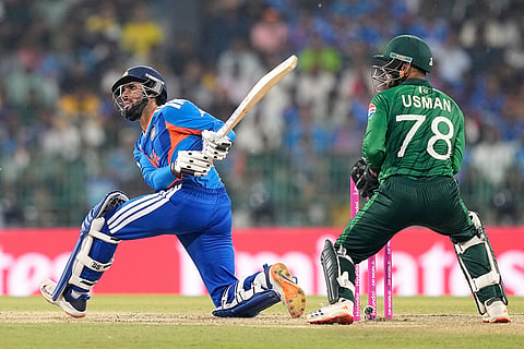 India's Tilak Varma plays a shot during the T20 World Cup cricket match between India and Pakistan in Colombo, Sri Lanka.