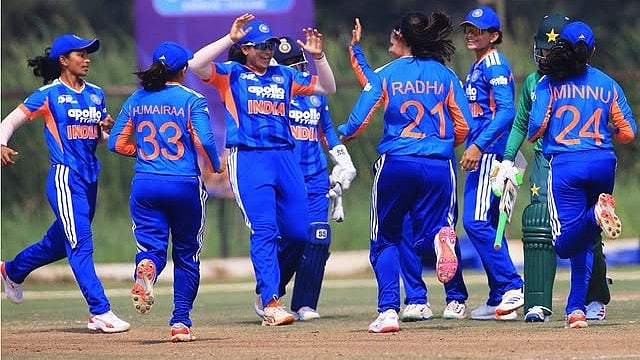 | Photo: Instagram/asiancricketcouncil : India A players celebrate a wicket during the ACC Women's Asia Cup Rising Stars match against Pakistan A on February 14, 2026.