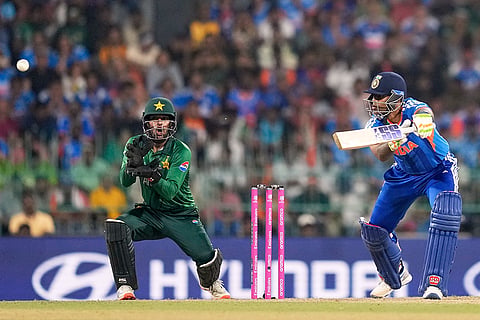 India's captain Suryakumar Yadav plays a shot during the T20 World Cup cricket match between India and Pakistan in Colombo, Sri Lanka.
