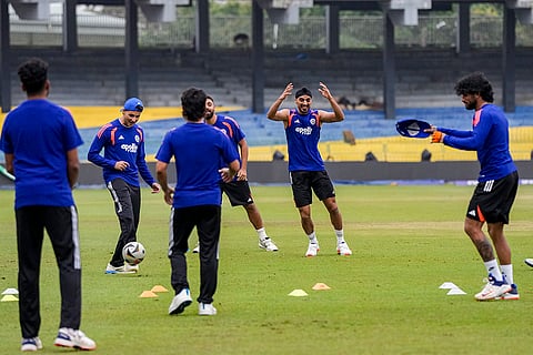 India's Arshdeep Singh, Tilak Varma, Axar Patel and others during a practice session ahead of an ICC Men's T20 World Cup 2026 cricket match between India and Pakistan, at R Premadasa Stadium, in Colombo, Sri Lanka.