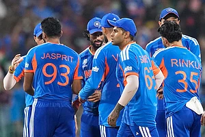 | Photo: AP/Eranga Jayawardena : India's players celebrate after winning their T20 World Cup cricket match against Pakistan in Colombo, Sri Lanka.