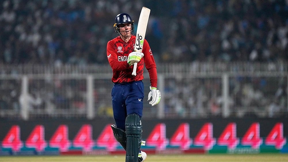 | Photo: AP/Bikas Das : England's Tom Banton celebrates his fifty runs during the T20 World Cup cricket match between England and Scotland in Kolkata.