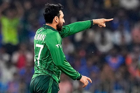 Pakistan's captain Salman Ali Agha celebrates the wicket of India's Abhishek Sharma during the T20 World Cup cricket match between India and Pakistan in Colombo, Sri Lanka.