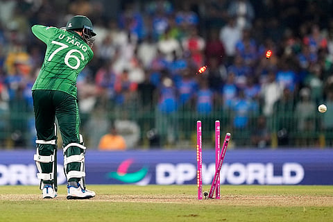 Pakistan's Usman Tariq is bowled out by India's Hardik Pandya during the T20 World Cup cricket match between India and Pakistan in Colombo, Sri Lanka.