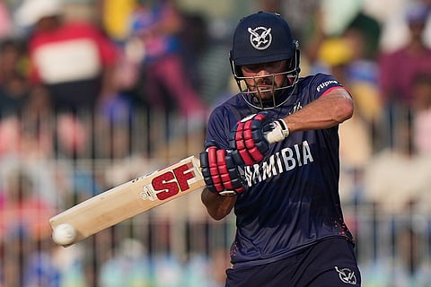 Namibia's Louren Steenkamp plays a shot during the T20 World Cup cricket match between Namibia and USA in Chennai.