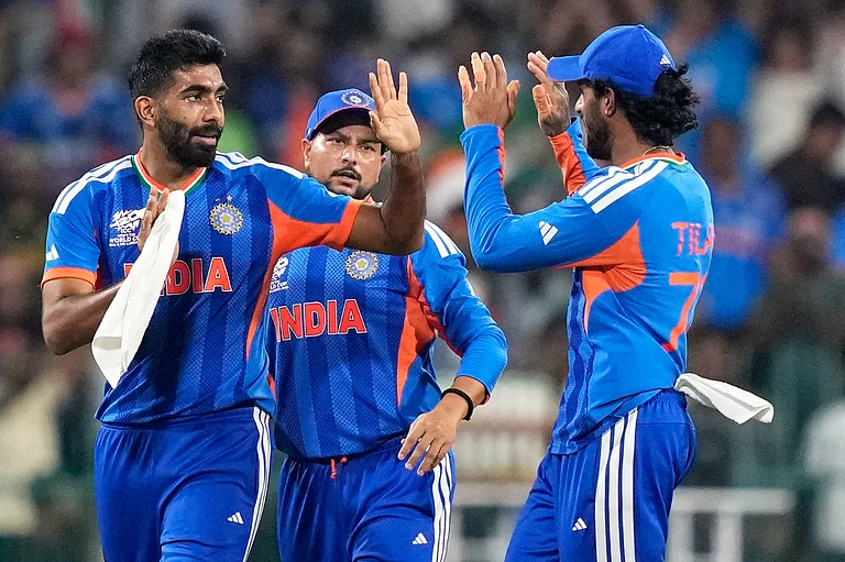 India's Jasprit Bumrah celebrates with teammates the wicket of Pakistan's captain Salman Ali Agha during the ICC T20 World Cup 2026cricket match between India and Pakistan in Colombo. - AP Photo