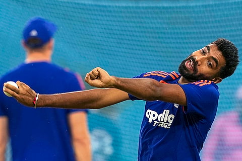 India's Jasprit Bumrah during a practice session ahead of an ICC Men's T20 World Cup 2026 cricket match between India and Pakistan, at R Premadasa Stadium, in Colombo.