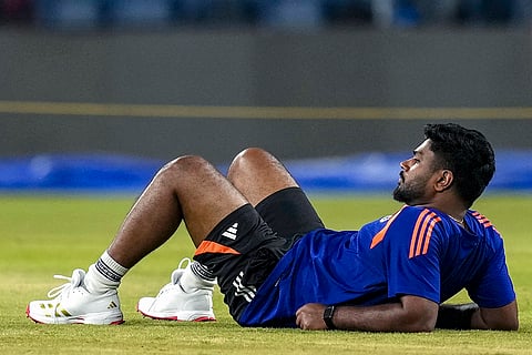 India's Sanju Samson during a practice session ahead of an ICC Men's T20 World Cup 2026 cricket match between India and Pakistan, at R Premadasa Stadium, in Colombo.