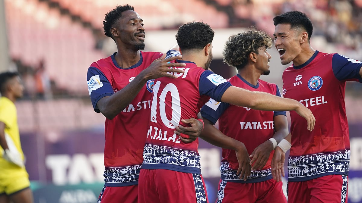 Photo: X/Jamshedpur FC : Jamshedpur FC players celebrate Madih Talal's goal against Mohammedan Sporting in their Indian Super League 2025-26 clash.