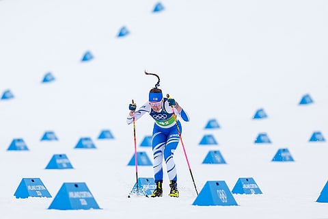 Kerttu Niskanen, of Finland, competes in the cross-country skiing women's 4 x 7.5km relay at the 2026 Winter Olympics, in Tesero, Italy.