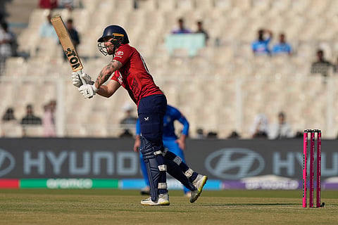 England's Phil Salt plays a shot during the T20 World Cup cricket match between England and Italy in Kolkata, India.