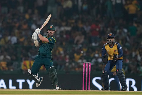 Australia's Travis Head plays a shot during the T20 World Cup cricket match between Sri Lanka and Australia in Pallekele, Sri Lanka.