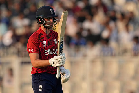 England's Will Jacks celebrates his fifty runs during the T20 World Cup cricket match between England and Italy in Kolkata, India.