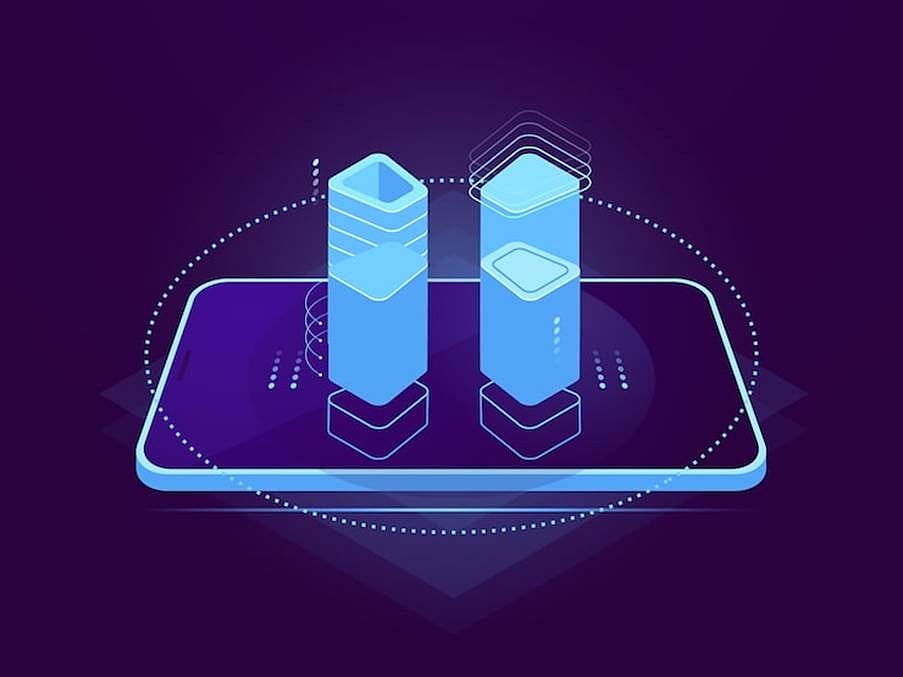 Stylized cross-chain data transfer between two glowing digital blocks on a platform.