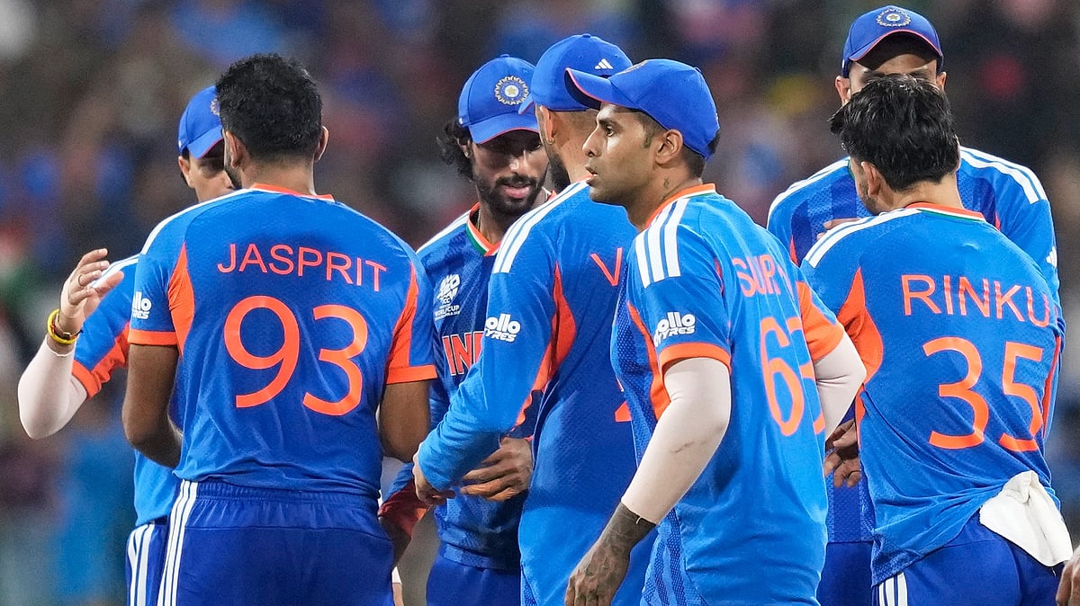 India's players celebrate after winning their T20 World Cup cricket match against Pakistan in Colombo, Sri Lanka, Sunday, Feb. 15, 2026. - | Photo: AP/Eranga Jayawardena