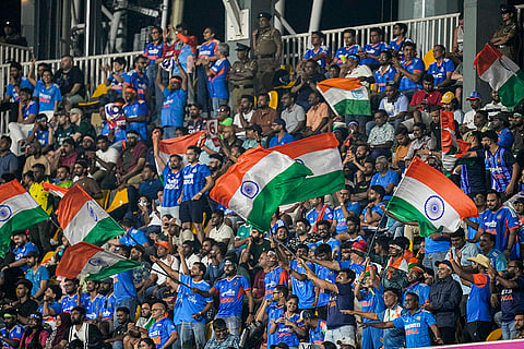 Spectators cheer during the ICC Men’s T20 World Cup 2026 cricket match between India and Pakistan, at R Premadasa Stadium, in Colombo, Sri Lanka.