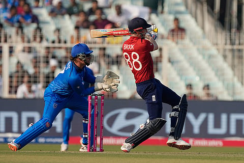 England's captain Harry Brook plays a shot during the T20 World Cup cricket match between England and Italy in Kolkata, India.