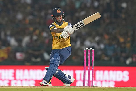 Sri Lanka's Pathum Nissanka plays a shot during the T20 World Cup cricket match between Sri Lanka and Australia in Pallekele, Sri Lanka.
