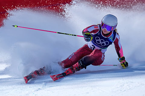 Canada's Cassidy Gray loses control before crashing during an alpine ski women's giant slalom race at the 2026 Winter Olympics in Cortina d'Ampezzo, Italy.